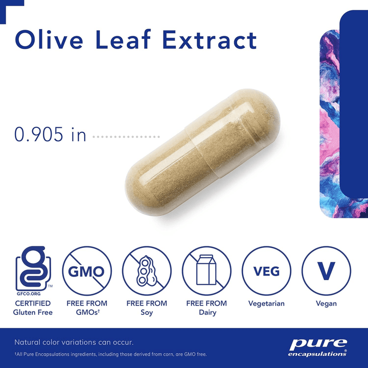 Pure Encapsulations Olive Leaf Extract hypoallergenic dietary supplement in 120 capsules supporting immune health.