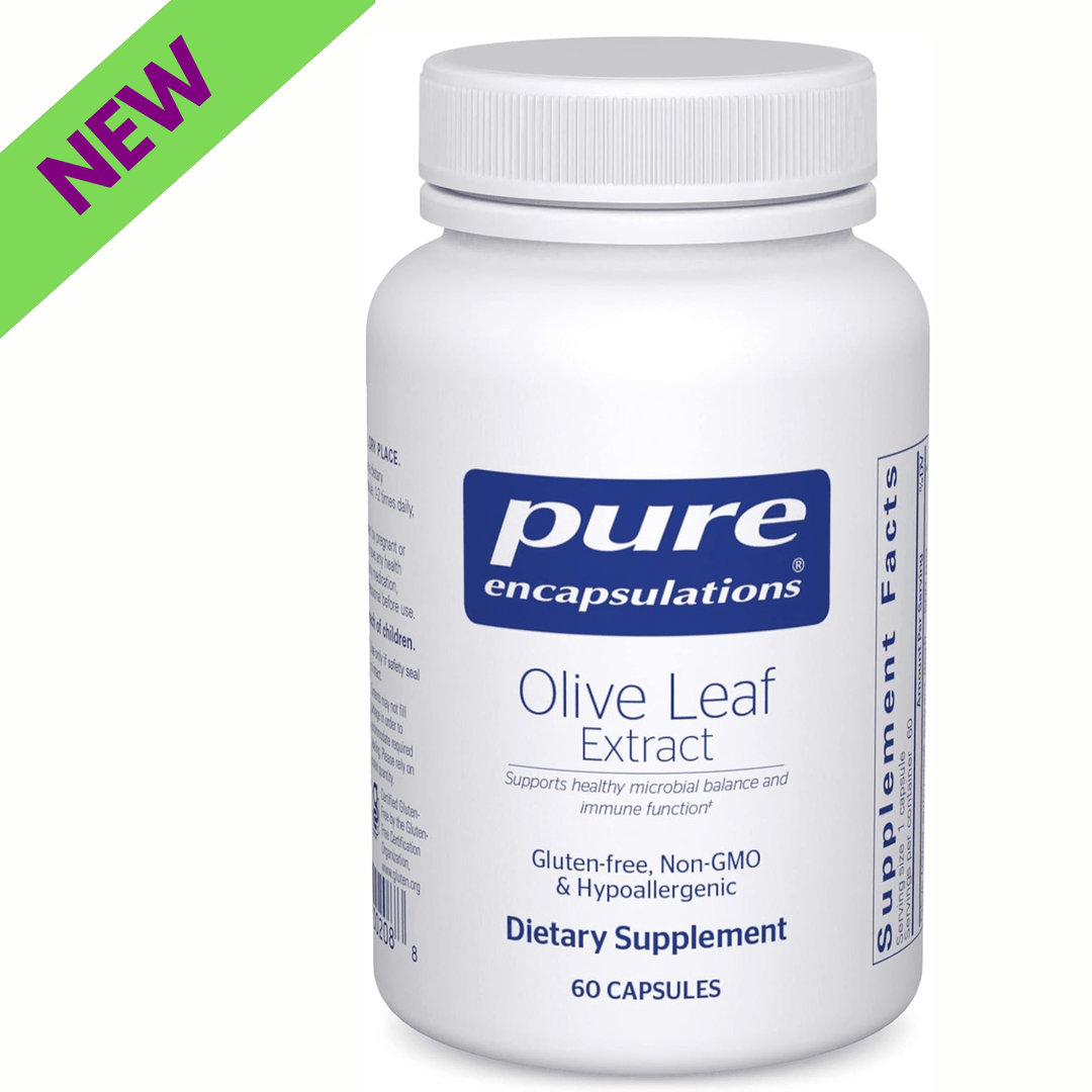 Pure Encapsulations Olive Leaf Extract supplement bottles showing 60 hypoallergenic capsules for immune health support.