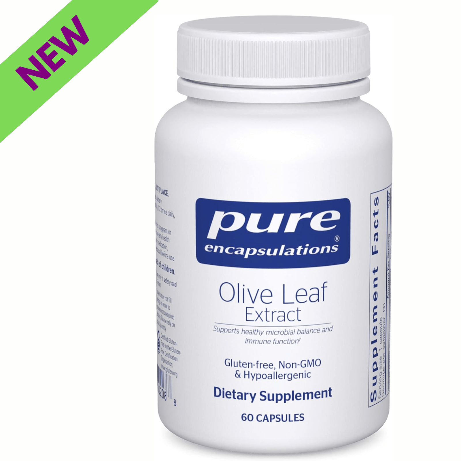 Pure Encapsulations Olive Leaf Extract supplement bottles showing 60 hypoallergenic capsules for immune health support.