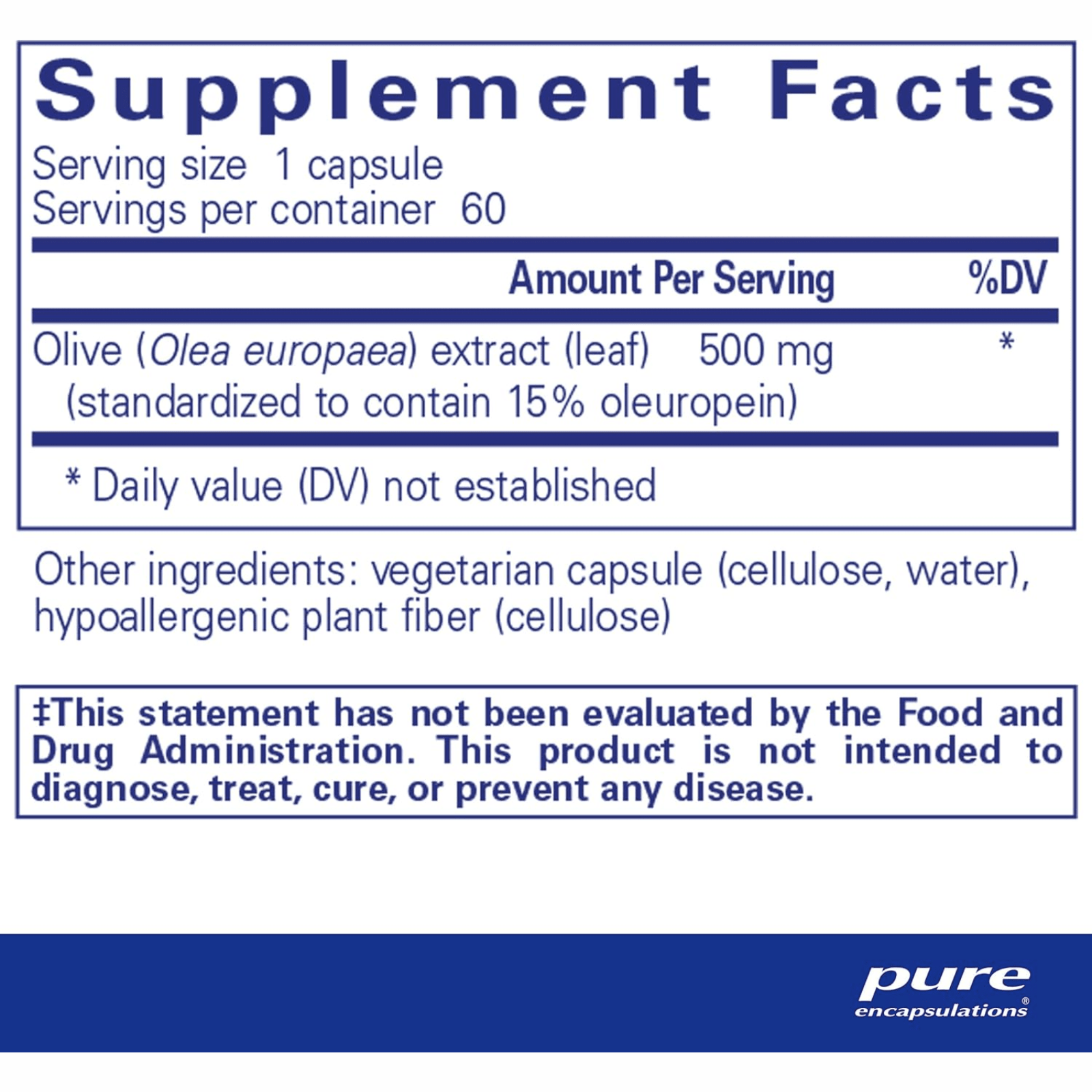 Pure Encapsulations Olive Leaf Extract supplement in 60 capsules, supporting immune health with hypoallergenic dietary formula.