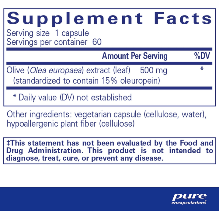 Pure Encapsulations Olive Leaf Extract supplement in 60 capsules, supporting immune health with hypoallergenic dietary formula.