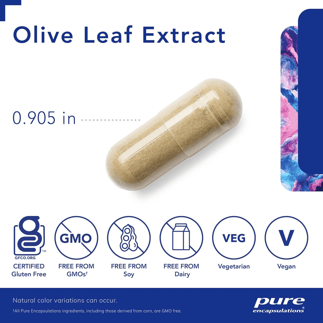 Pure Encapsulations Olive Leaf Extract dietary supplement capsules supporting immune health, hypoallergenic formula.