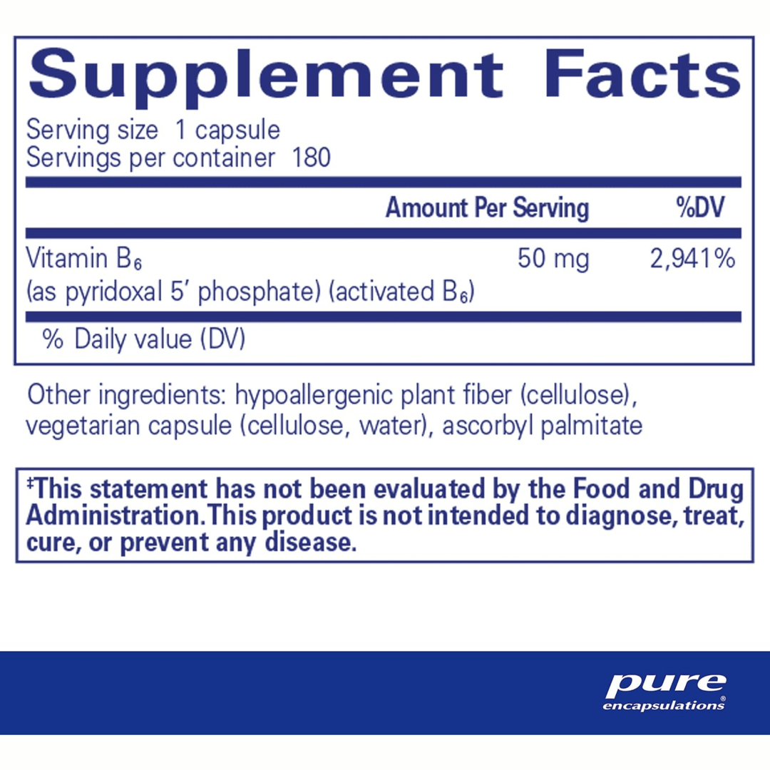 Pure Encapsulations P5P 50mg Vitamin B6 dietary supplement in 180 capsules, supports brain health and hypoallergenic nutrition.