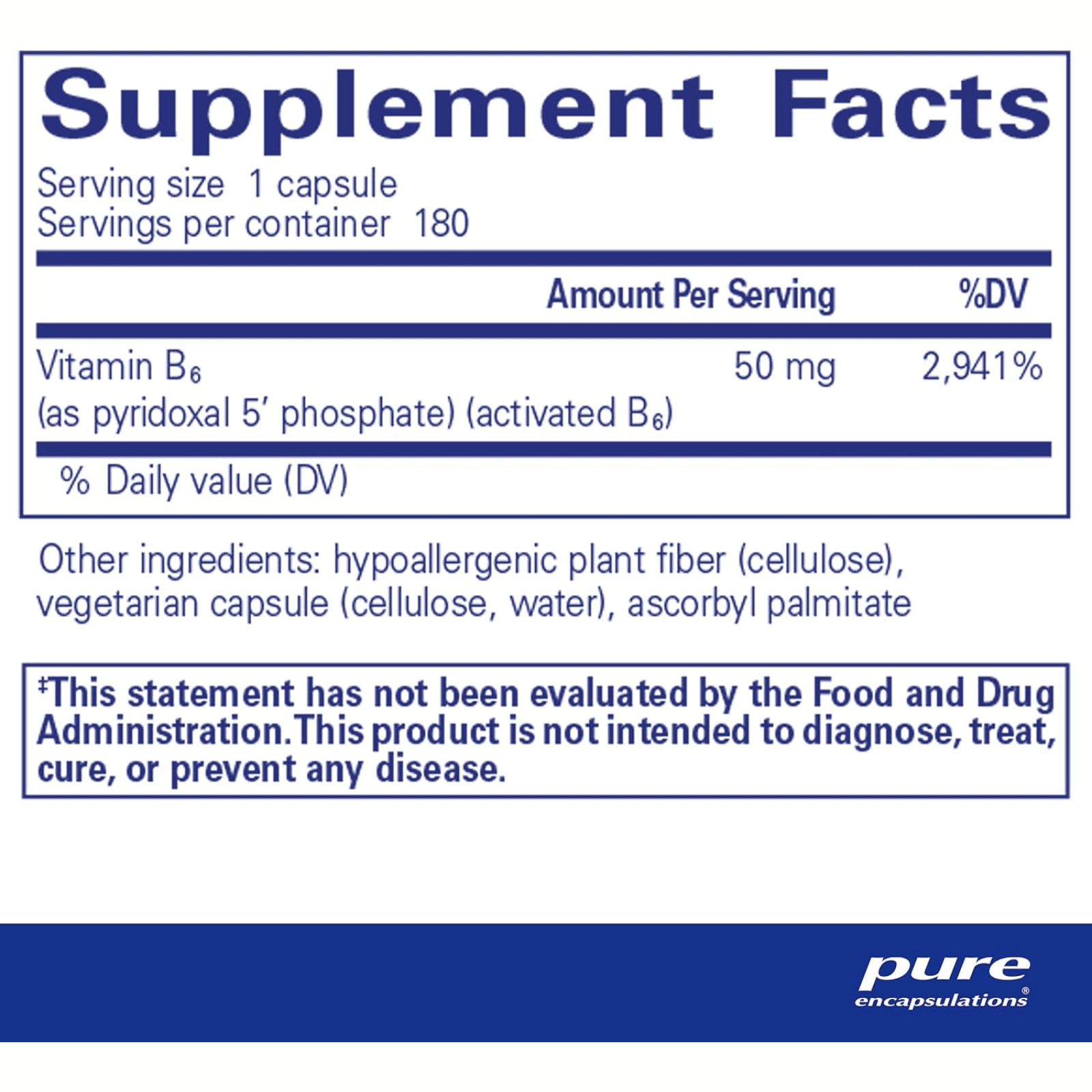 Pure Encapsulations P5P 50mg Vitamin B6 dietary supplement in 180 capsules, supports brain health and hypoallergenic nutrition.