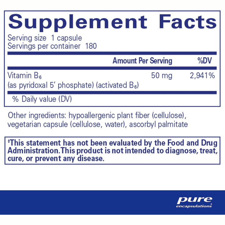 Pure Encapsulations P5P 50mg Vitamin B6 dietary supplement in 180 capsules, supports brain health and hypoallergenic nutrition.