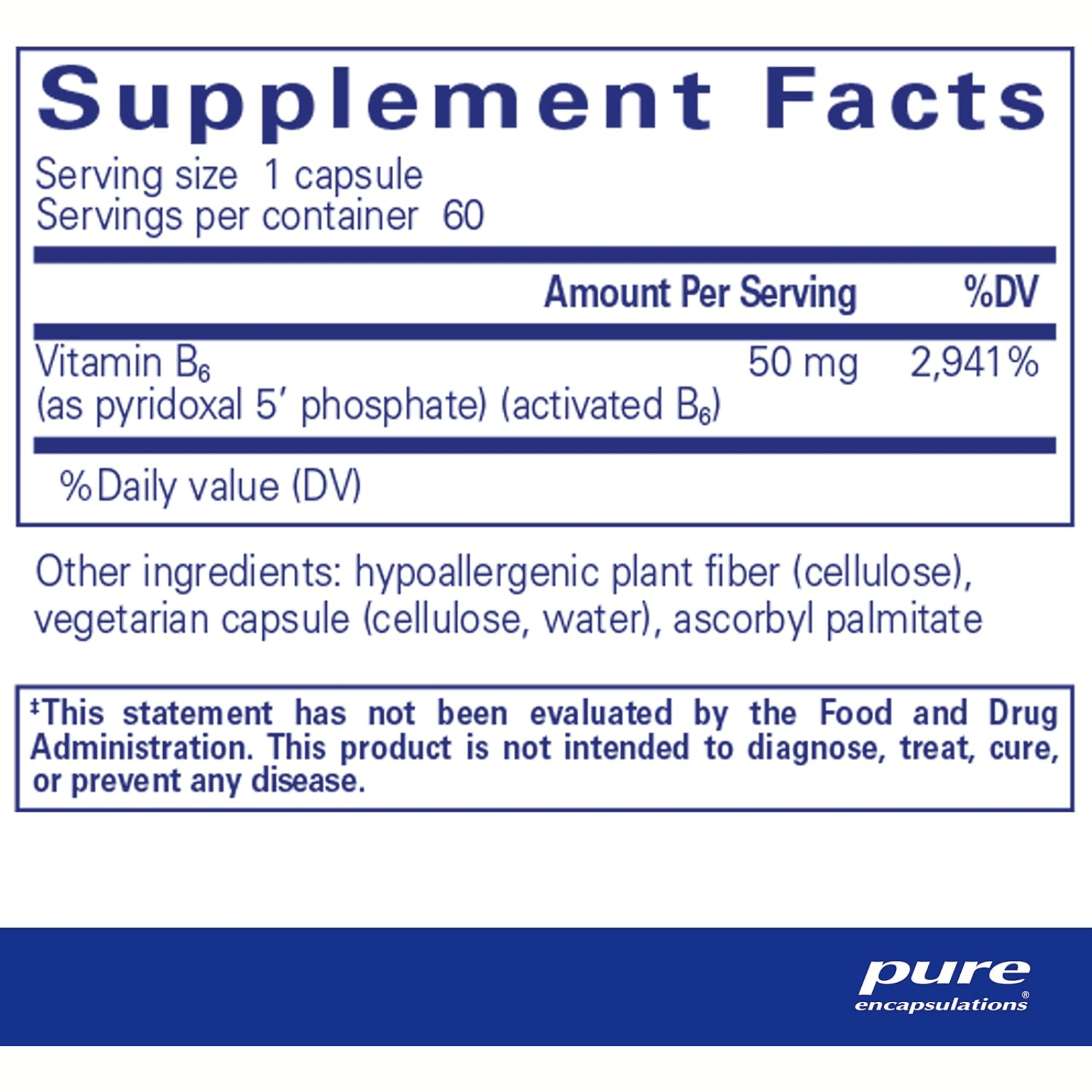 Pure Encapsulations P5P 50mg Vitamin B6 supplement in 60 capsules, supports brain health and is hypoallergenic dietary supplement.