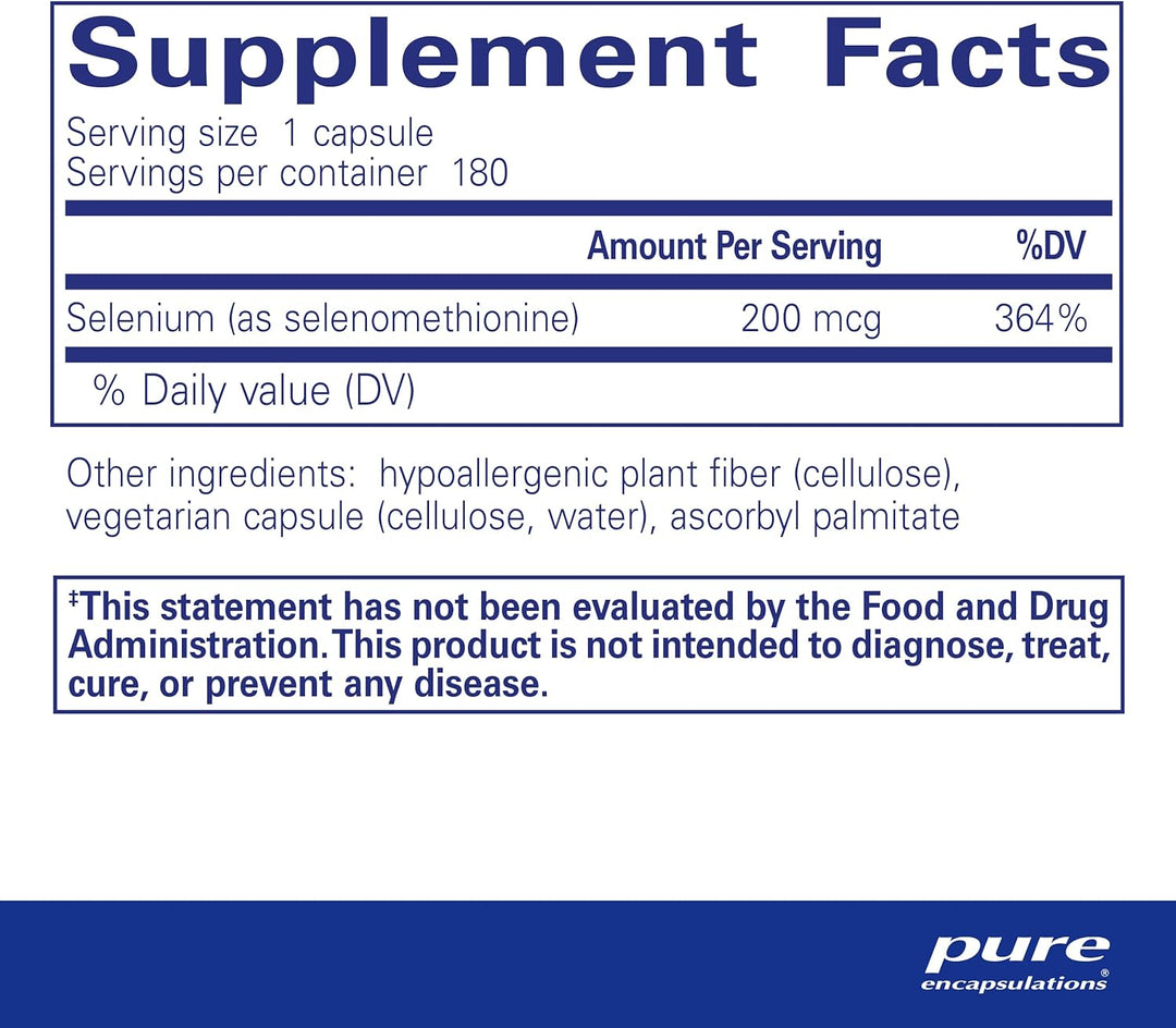 Pure Encapsulations Selenium Selenomethionine dietary supplement bottle with 180 hypoallergenic capsules for immune and cellular health.