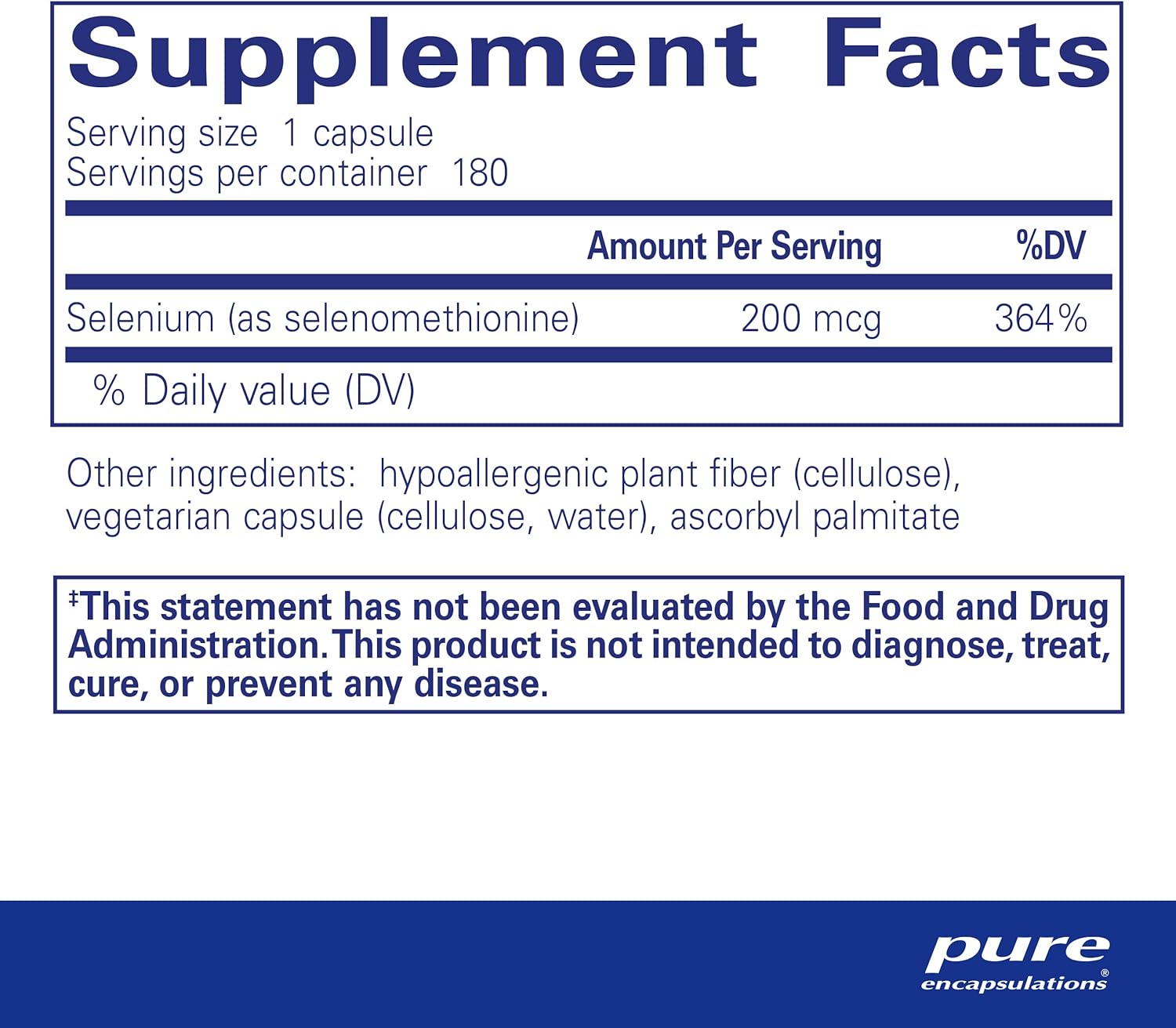 Pure Encapsulations Selenium Selenomethionine dietary supplement bottle with 180 hypoallergenic capsules for immune and cellular health.