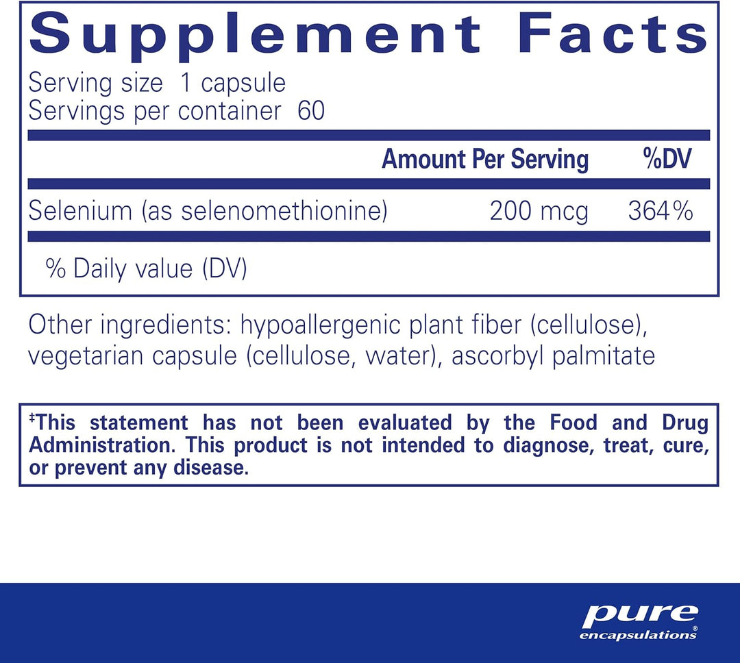 Pure Encapsulations Selenium Selenomethionine capsules for immune and cellular health, hypoallergenic dietary supplement in 60 capsules