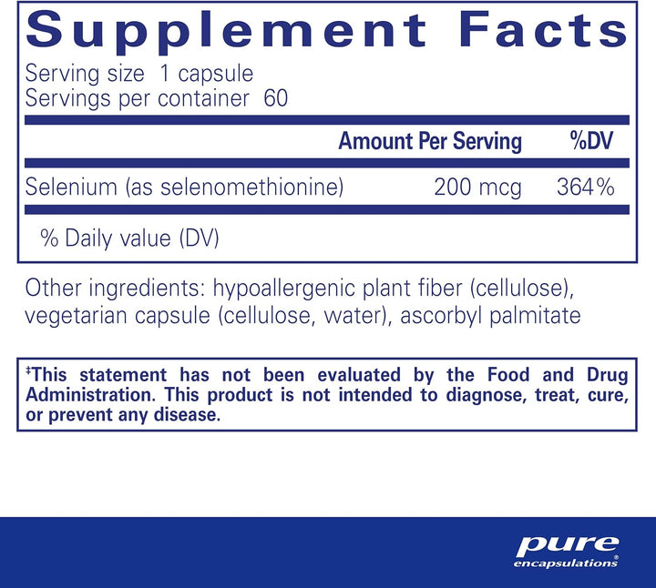 Pure Encapsulations Selenium Selenomethionine capsules for immune and cellular health, hypoallergenic dietary supplement in 60 capsules
