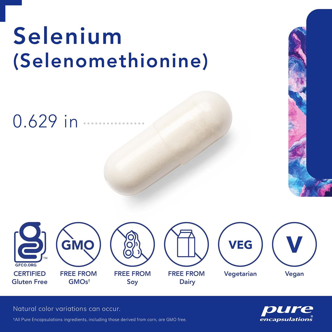 Pure Encapsulations Selenium Selenomethionine capsules for immune support and cellular health, hypoallergenic dietary supplement in 60 capsules.