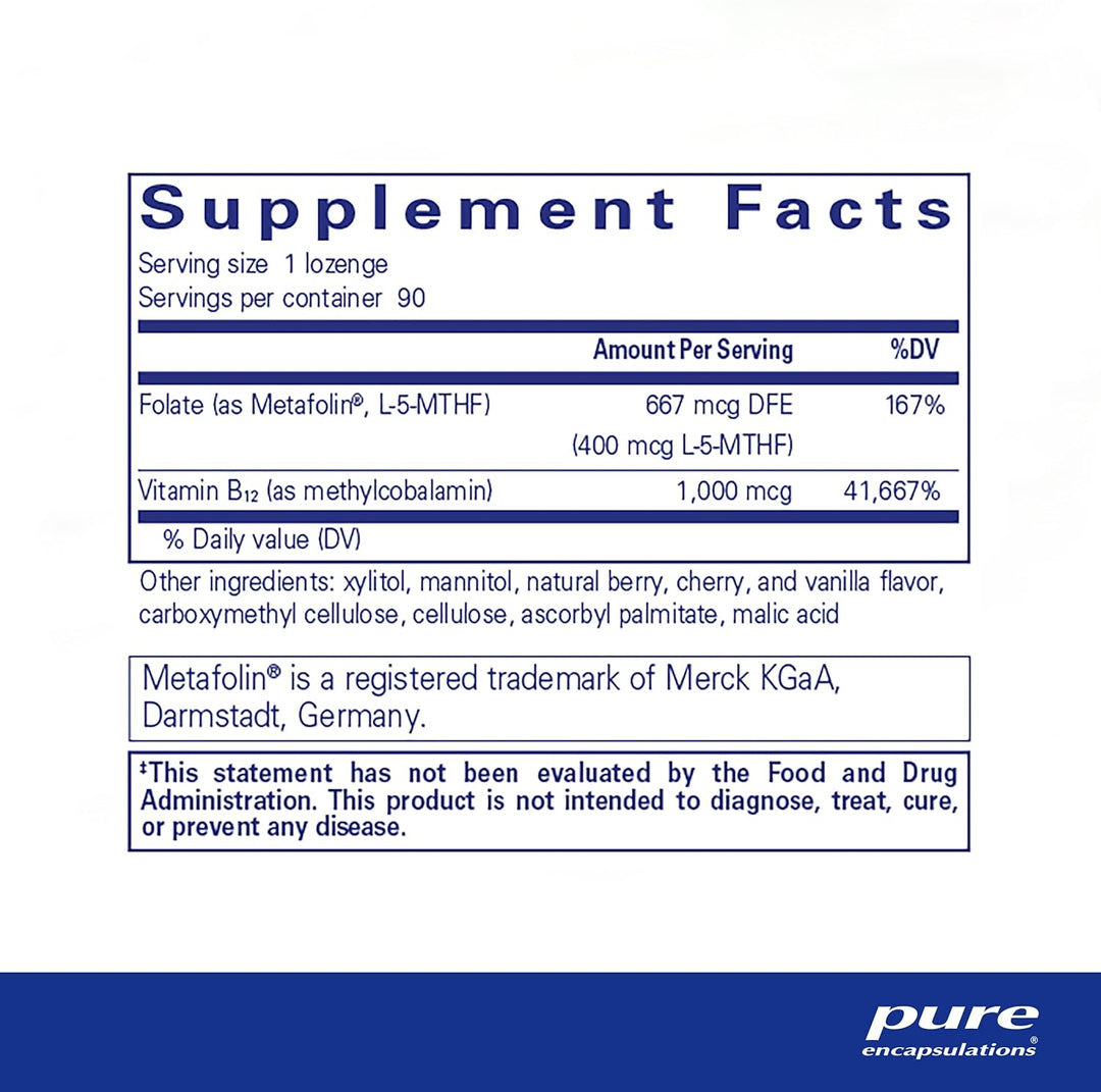 Pure Encapsulations PureMelt B12 Folate mineral supplement capsules supporting energy and cell health, shown in a bottle with lozenges