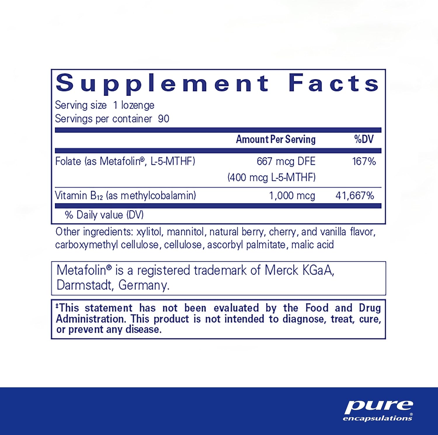 Pure Encapsulations PureMelt B12 Folate mineral supplement capsules supporting energy and cell health, shown in a bottle with lozenges
