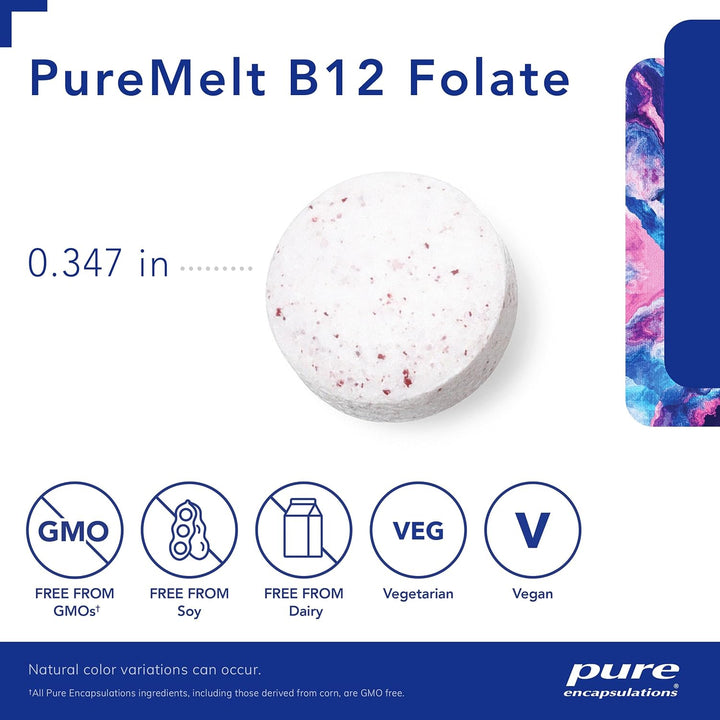 Pure Encapsulations PureMelt B12 Folate mineral supplement capsules supporting energy and cell health, 90 lozenges.
