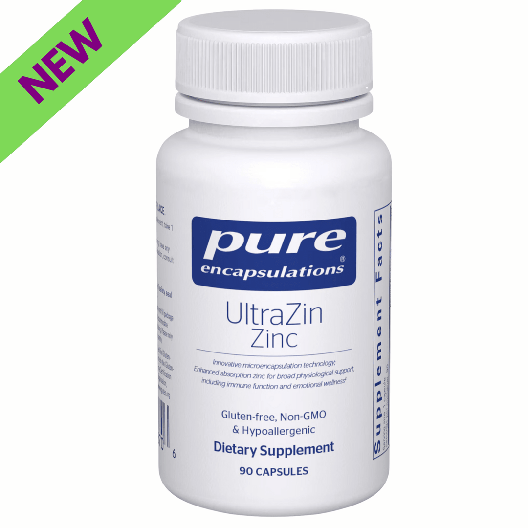 Pure Encapsulations UltraZin Zinc mineral supplement capsules supporting immune and cellular health in a bottle of 90 capsules.