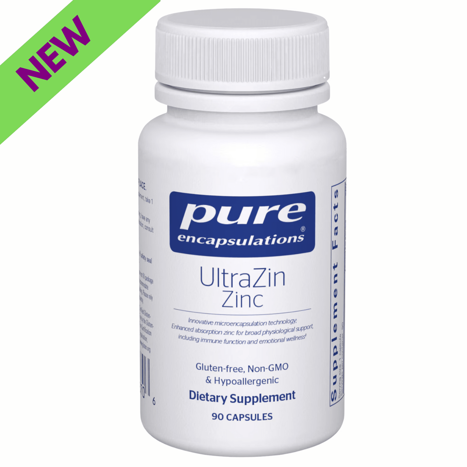 Pure Encapsulations UltraZin Zinc mineral supplement capsules supporting immune and cellular health in a bottle of 90 capsules.