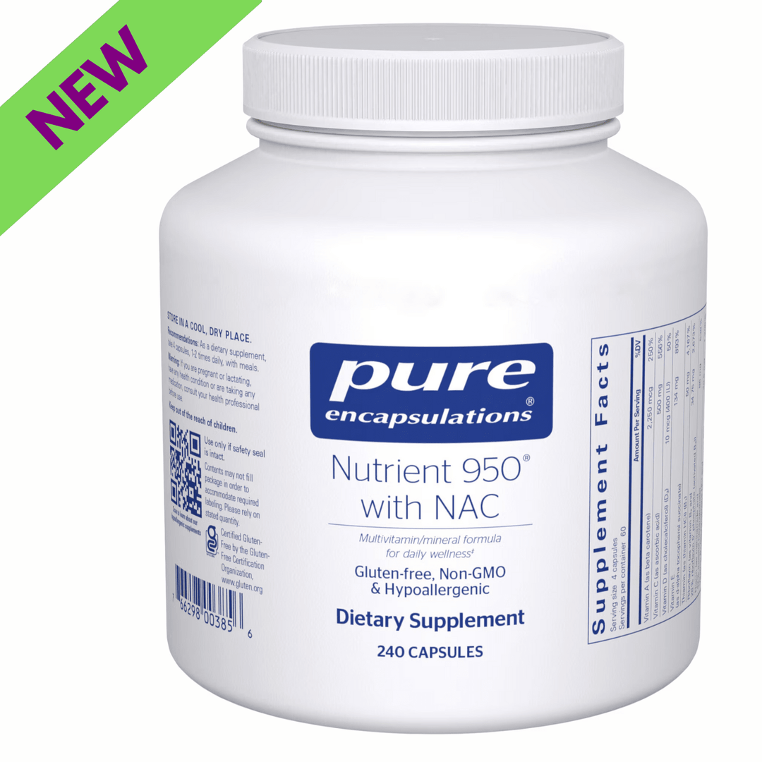 Pure Encapsulations Nutrient 950 multivitamin and mineral supplement in a bottle of 240 capsules, including NAC.