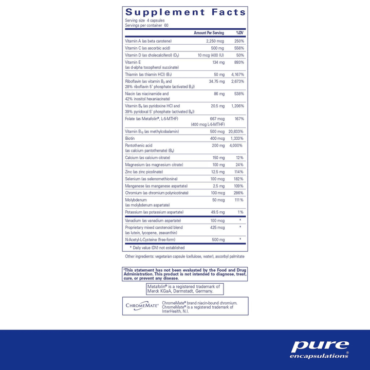 Pure Encapsulations Nutrient 950 with NAC multivitamin mineral supplement in 240 capsules, showing the bottle and capsules.