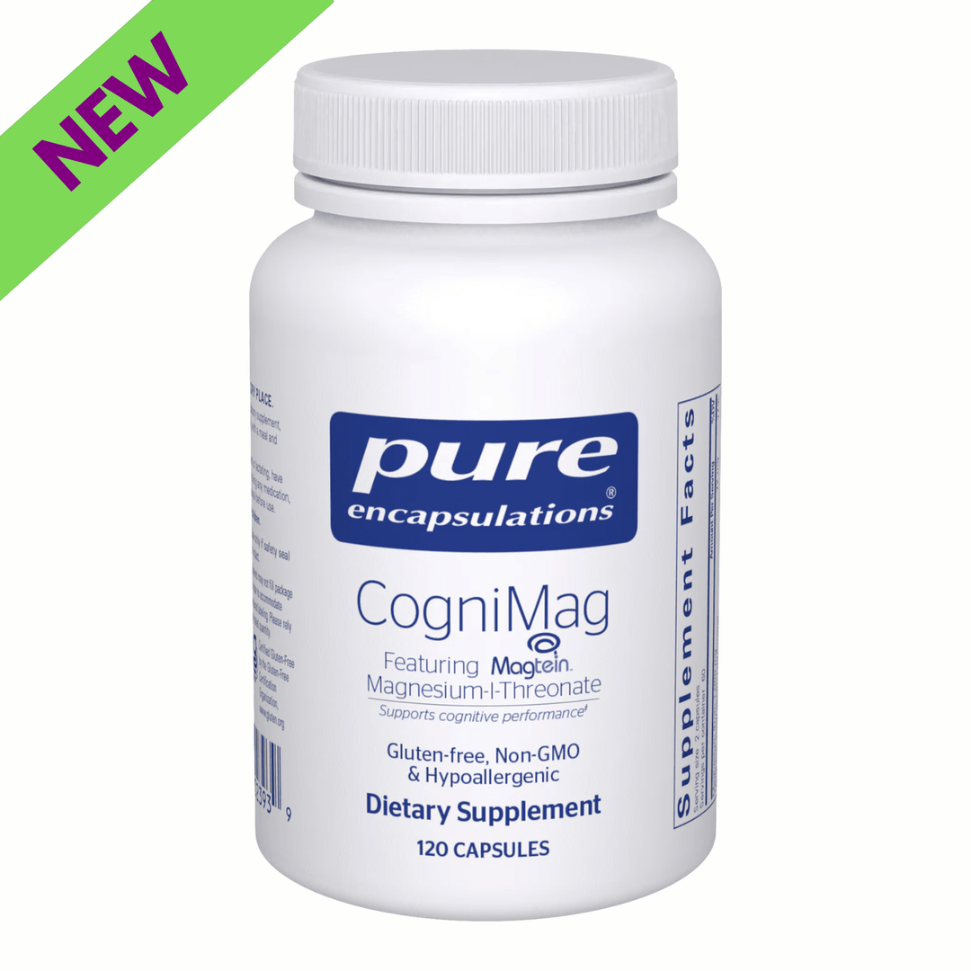 Pure Encapsulations CogniMag mushroom blend supplement bottle with 120 capsules, supporting memory, focus, and brain function.