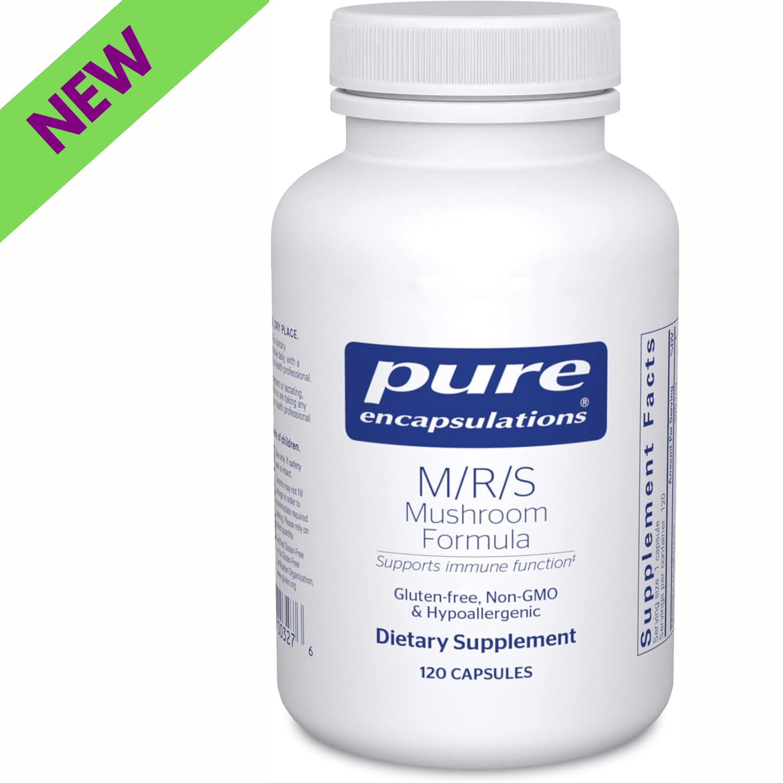 Pure Encapsulations MRS Mushroom Formula supplement bottle showing 120 capsules, a mushroom blend supporting immune system health.