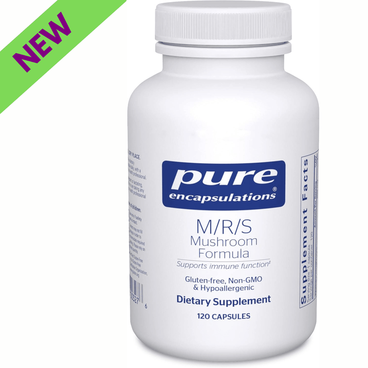 Pure Encapsulations MRS Mushroom Formula supplement bottle showing 120 capsules, a mushroom blend supporting immune system health.