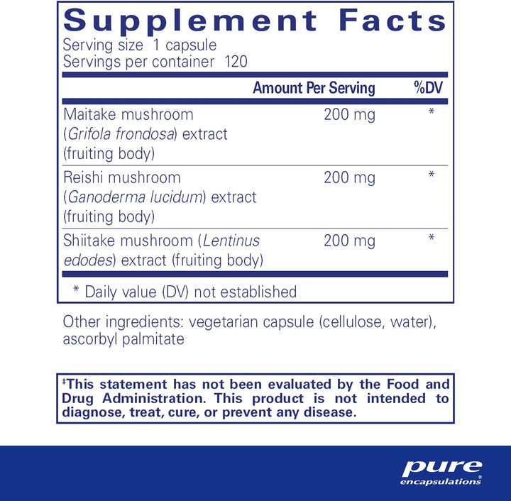 Pure Encapsulations MRS Mushroom Formula supplement with mushroom blend capsules supporting immune system health.