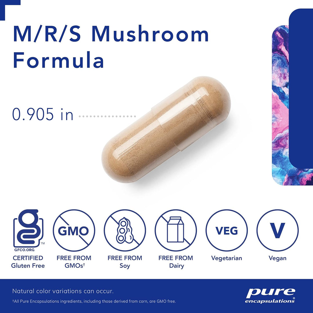 Pure Encapsulations MRS Mushroom Blend Supplement supporting immune health in a bottle of 120 caps, natural mushroom formula.