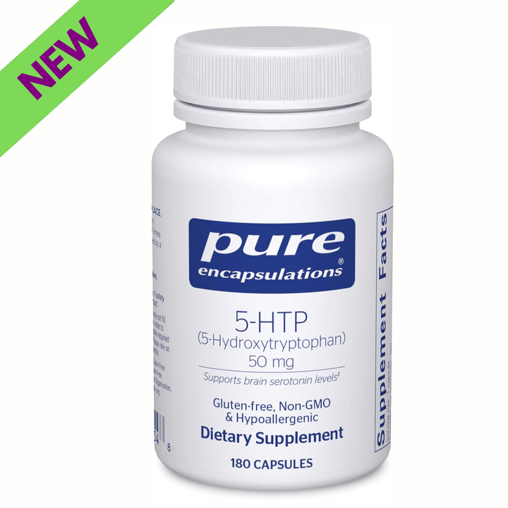 Pure Encapsulations 5HTP 50mg supplement in a bottle of 180 capsules, supports mood and sleep balance.