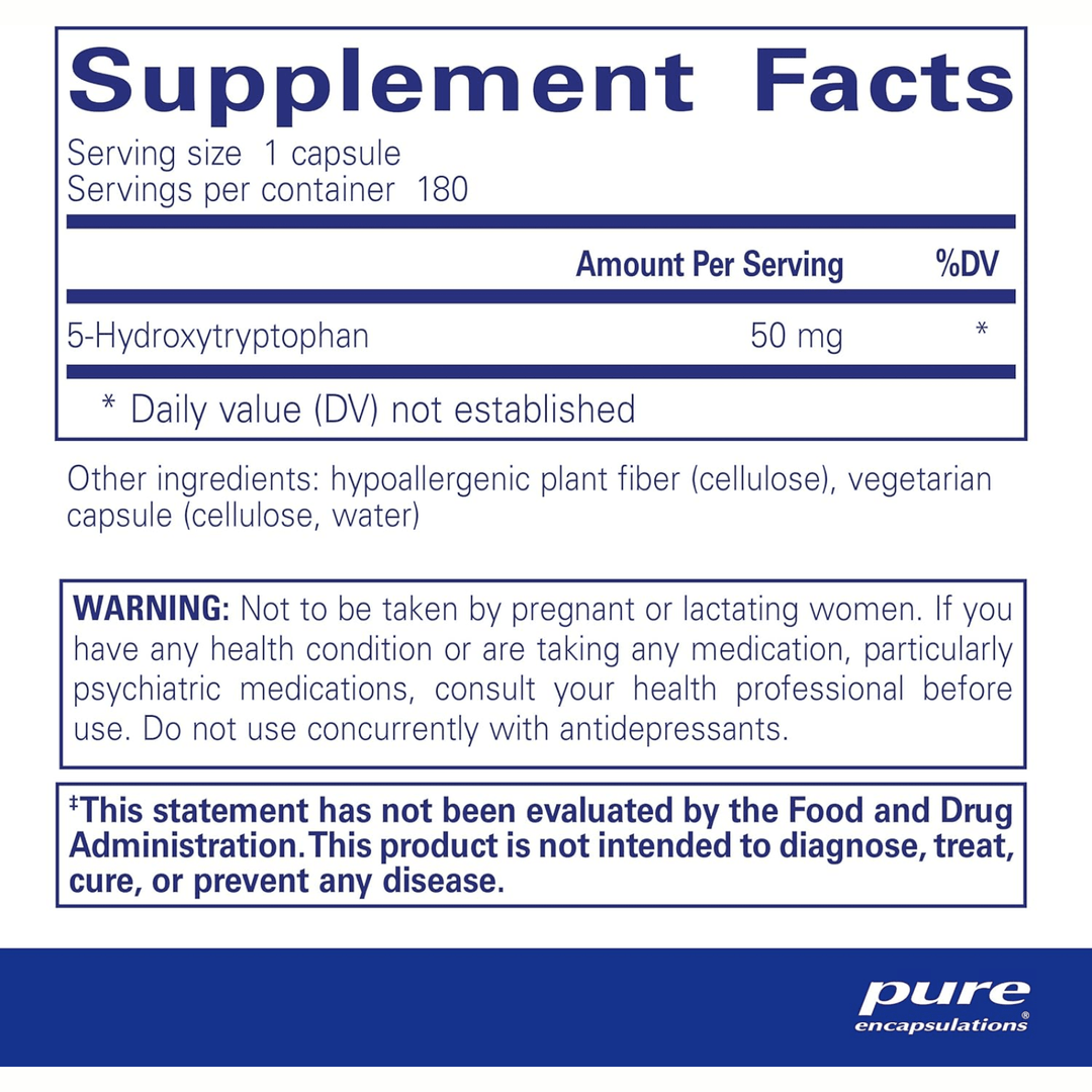Pure Encapsulations 5HTP 50mg supplement bottle with 180 capsules, supporting mood and sleep balance.