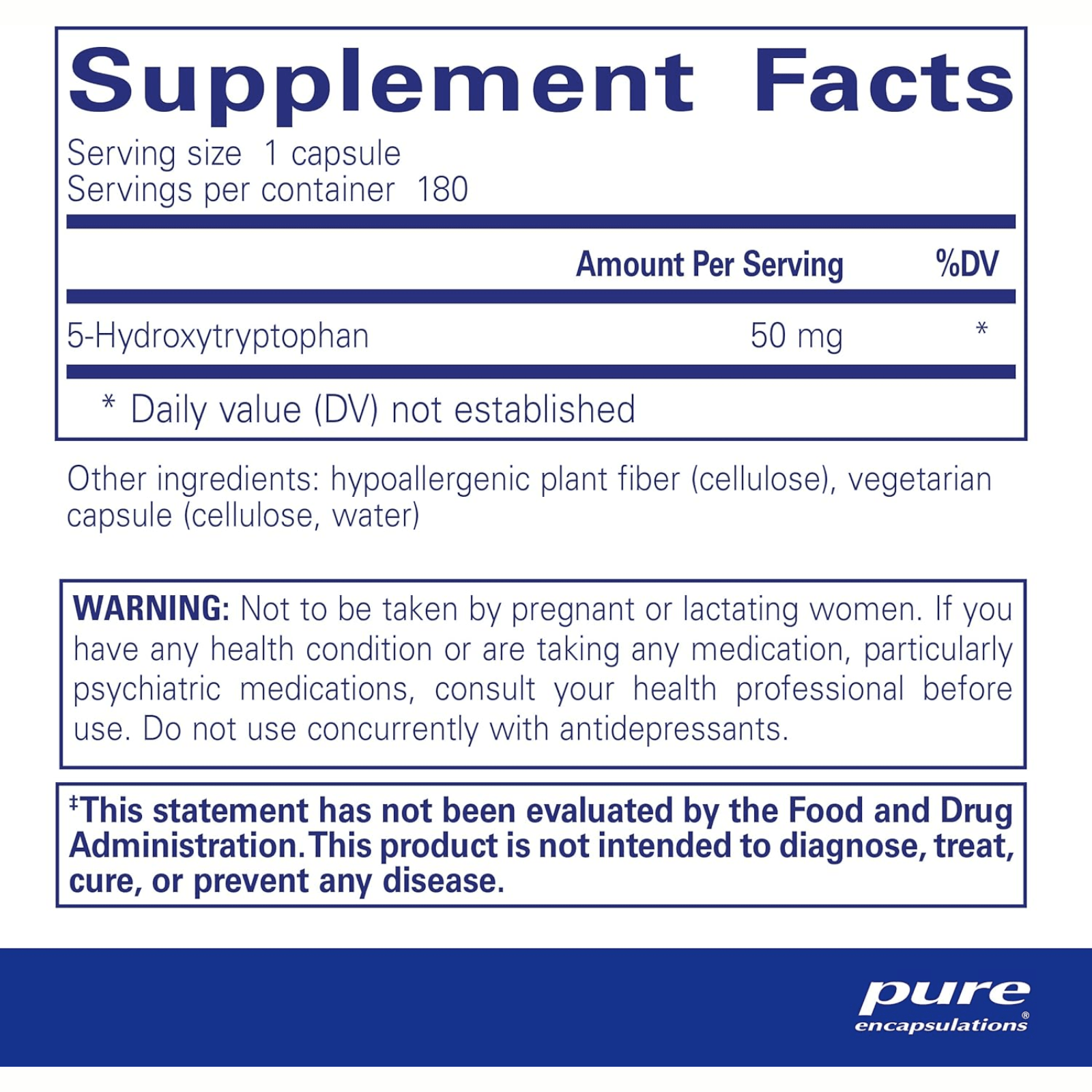 Pure Encapsulations 5HTP 50mg supplement bottle with 180 capsules, supporting mood and sleep balance.