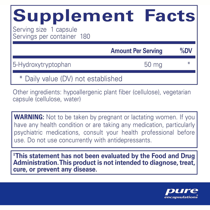 Pure Encapsulations 5HTP 50mg supplement bottle with 180 capsules, supporting mood and sleep balance.