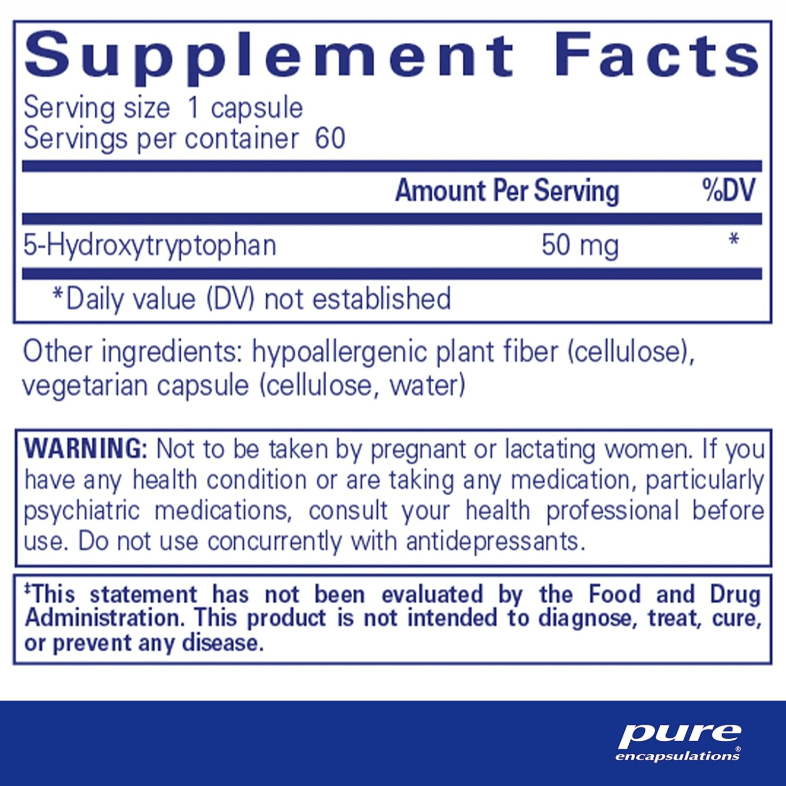Pure Encapsulations 5HTP 50mg supplement in a bottle of 60 capsules, supports mood and sleep balance.