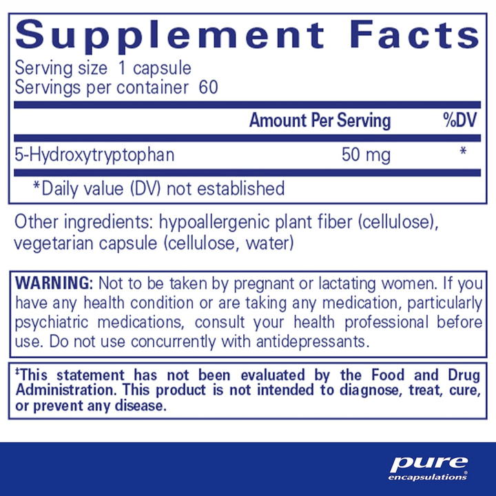 Pure Encapsulations 5HTP 50mg supplement in a bottle of 60 capsules, supports mood and sleep balance.