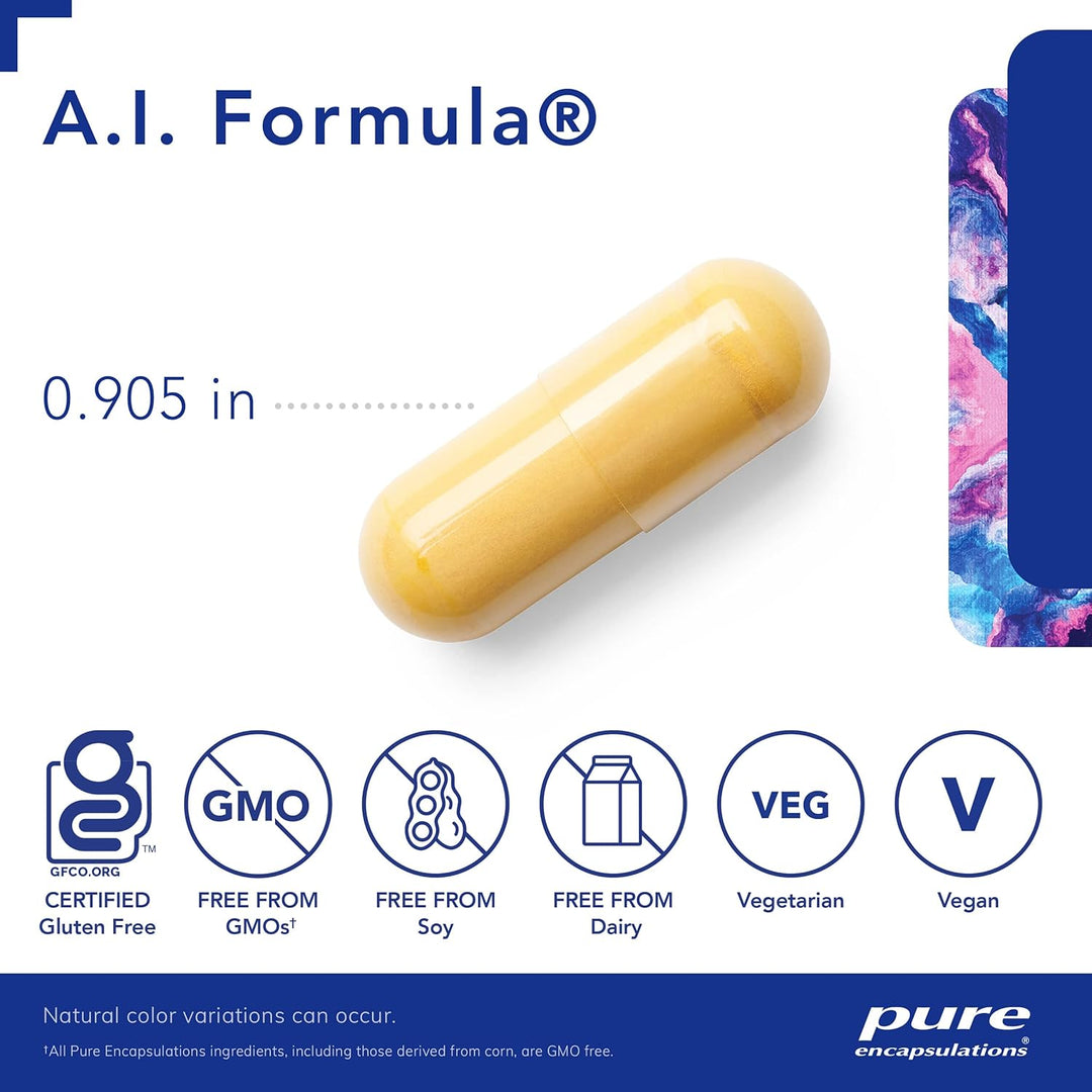 Pure Encapsulations A.I Formula nutrient-rich supplement capsules supporting immune response, shown in a bottle with 120 capsules.