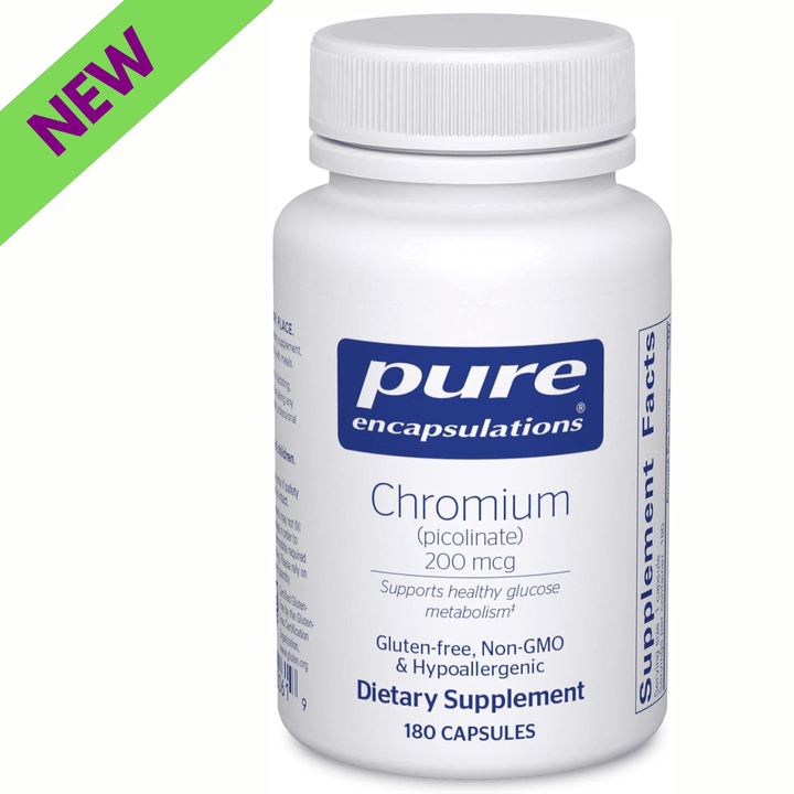Pure Encapsulations Chromium Picolinate supplement bottle with 180 capsules, supporting metabolism and nutrient intake.