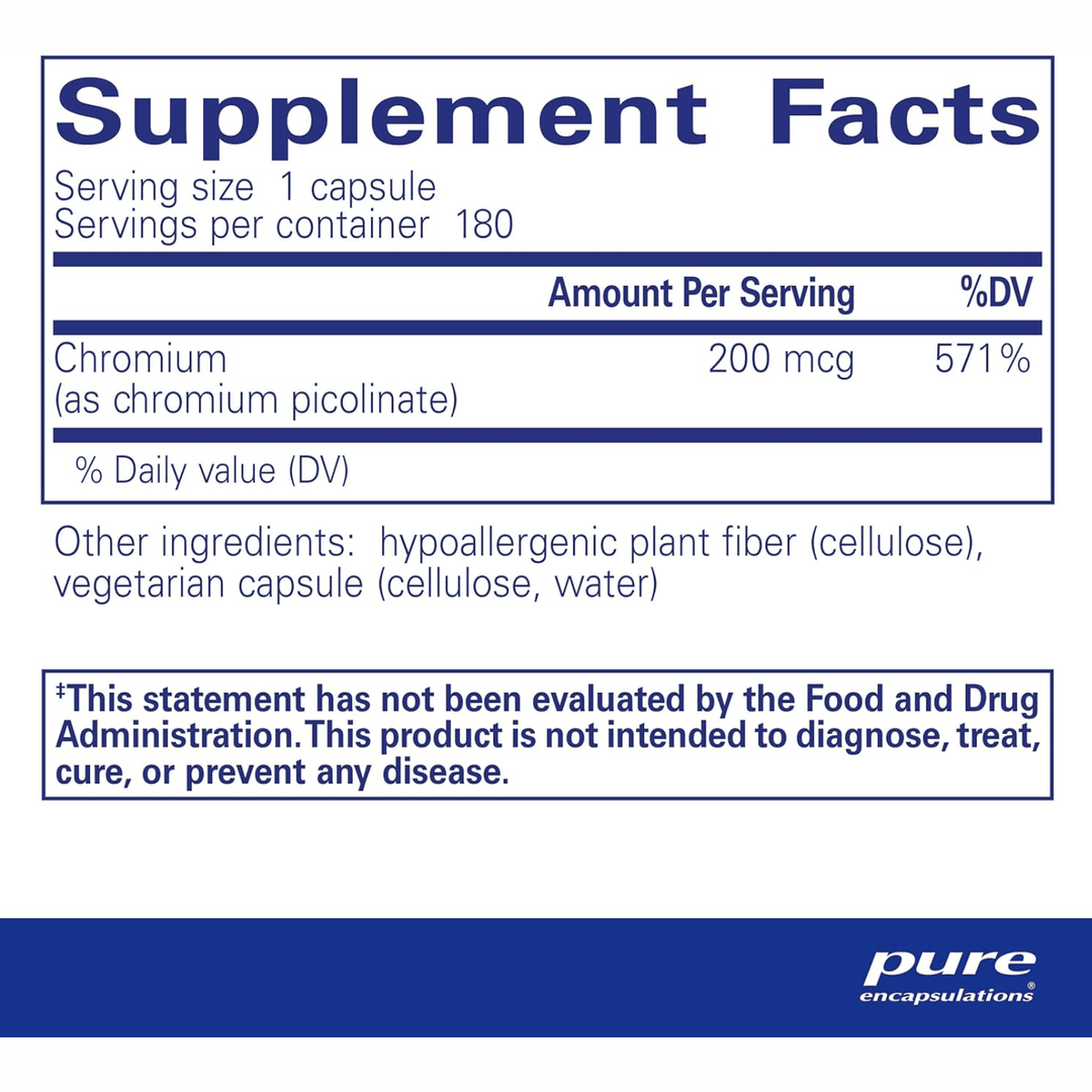 Pure Encapsulations Chromium Picolinate supplement bottle with 180 capsules, supports metabolism and nutrient absorption.