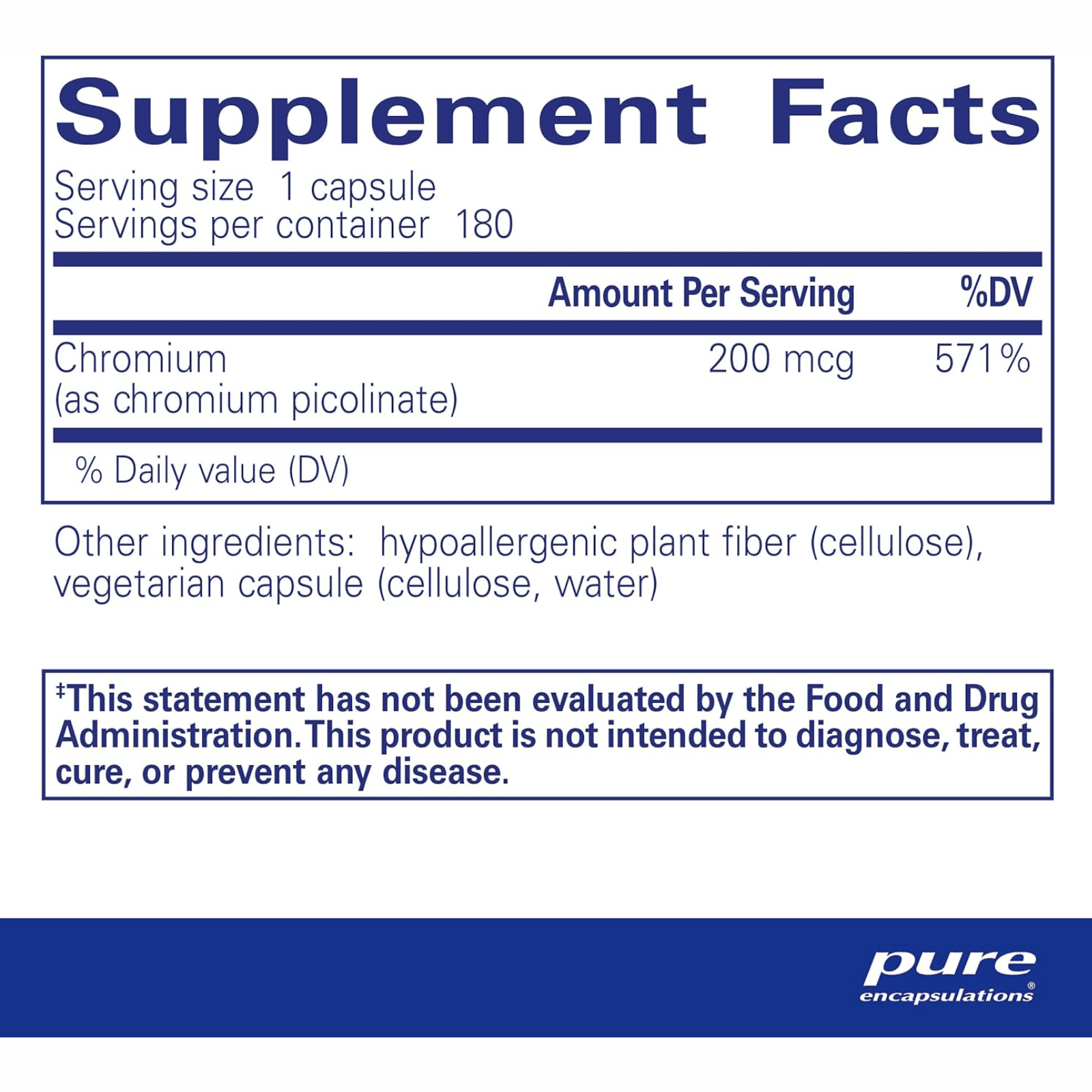 Pure Encapsulations Chromium Picolinate supplement bottle with 180 capsules, supports metabolism and nutrient absorption.