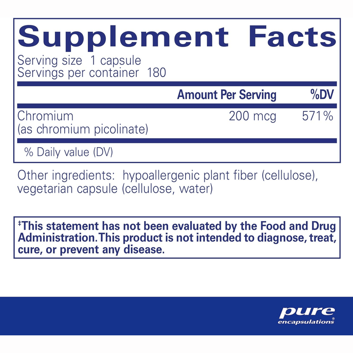 Pure Encapsulations Chromium Picolinate supplement bottle with 180 capsules, supports metabolism and nutrient absorption.