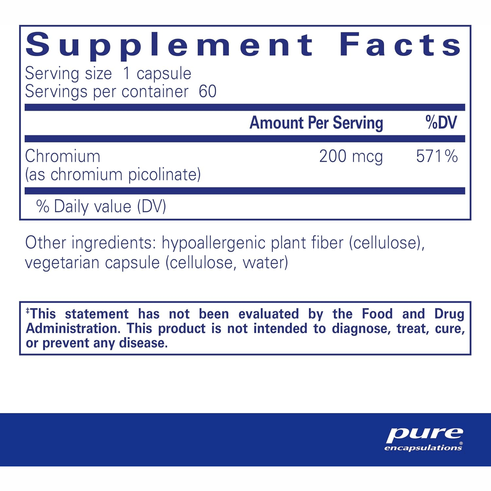 Pure Encapsulations Chromium Picolinate 200 mcg supplement bottle with 60 capsules, supporting metabolism and nutrient health