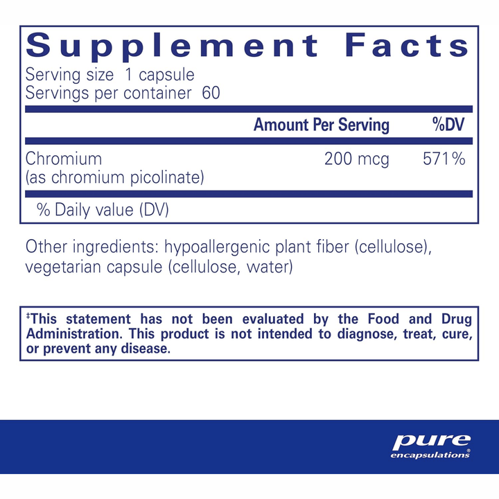 Pure Encapsulations Chromium Picolinate 200 mcg supplement bottle with 60 capsules, supporting metabolism and nutrient health