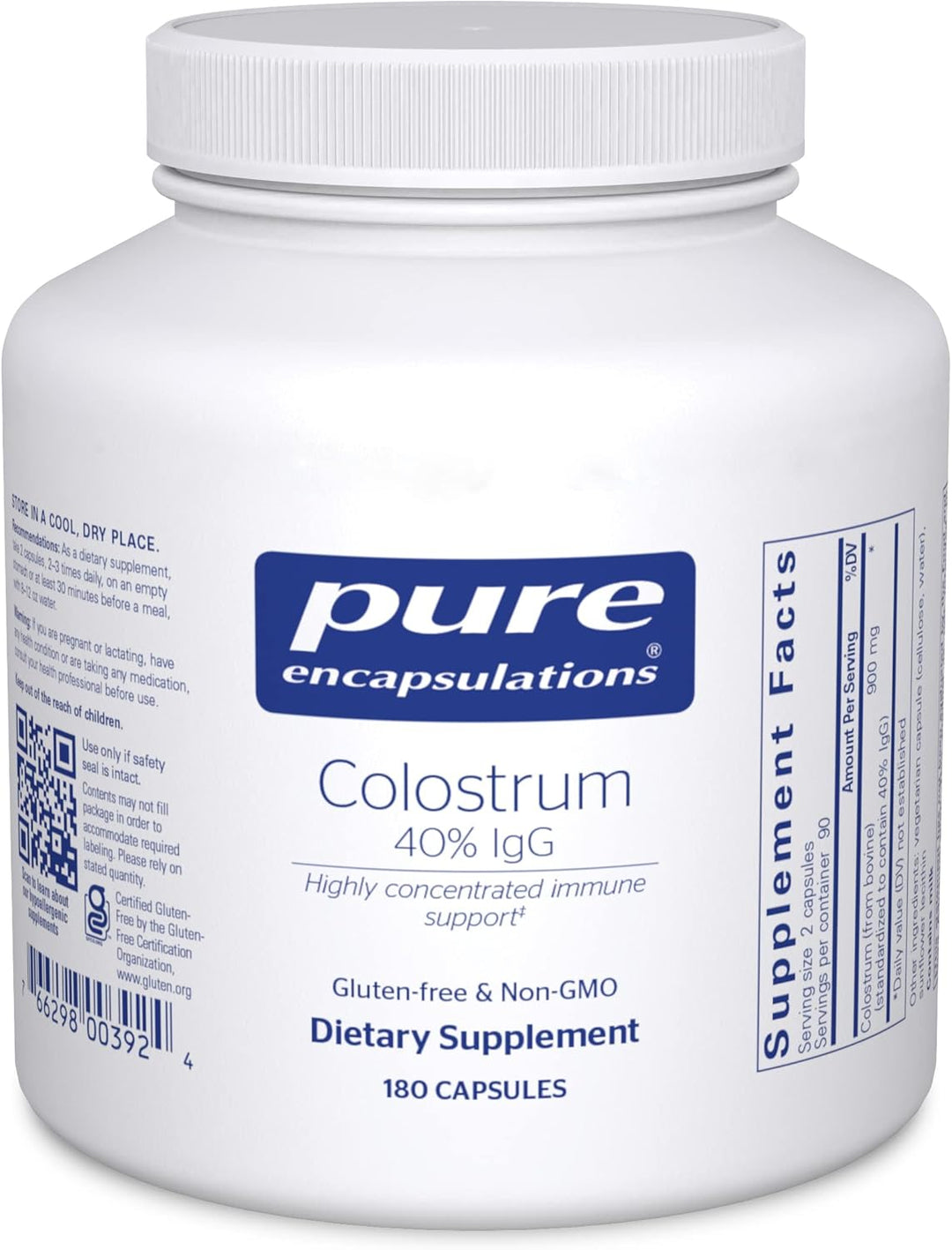 Pure Encapsulations Colostrum 40% IgG bottle with 180 capsules, a nutrient-rich supplement supporting immune and gut health.