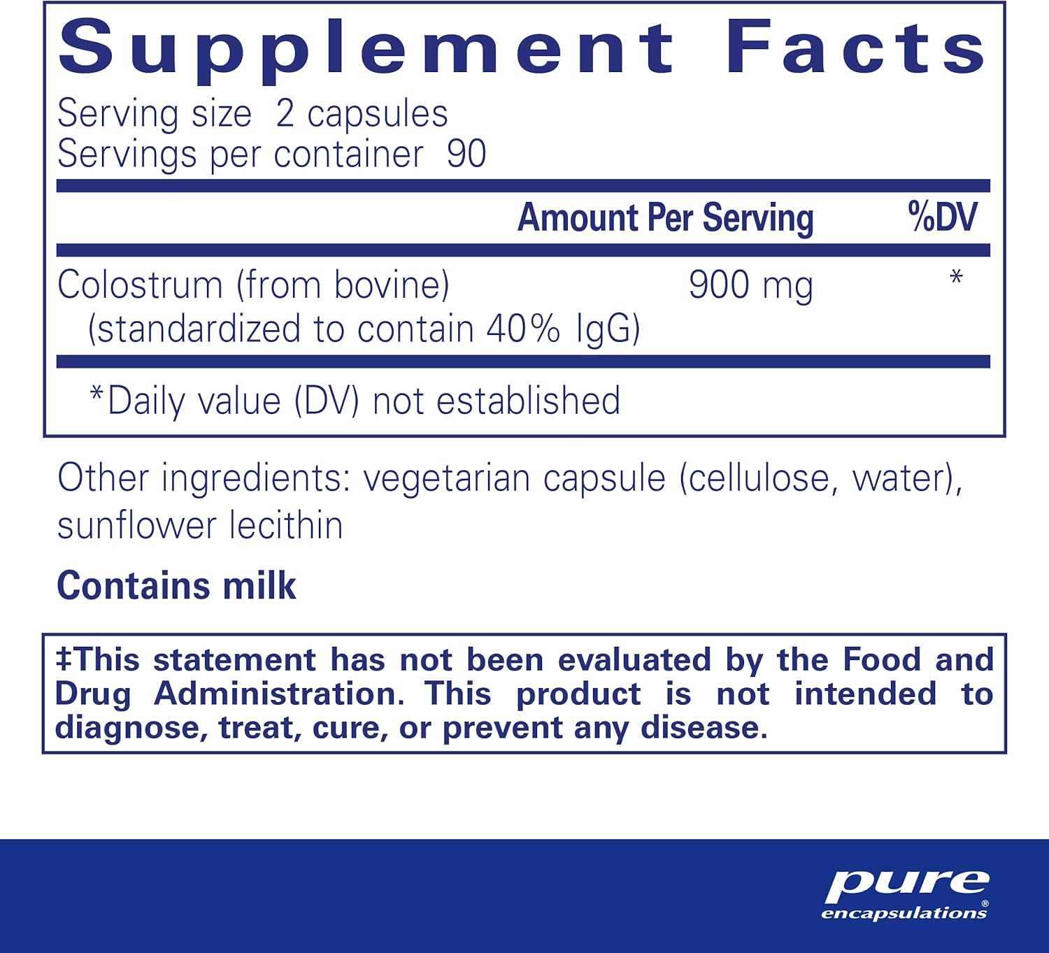 Pure Encapsulations Colostrum 40% IgG supplement bottle with 180 capsules, supporting immune and gut health.