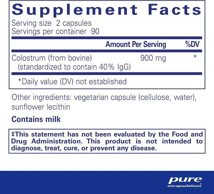 Pure Encapsulations Colostrum 40% IgG supplement bottle with 180 capsules, supporting immune and gut health.