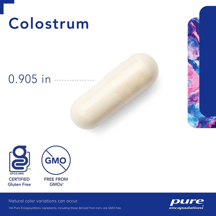 Pure Encapsulations Colostrum 40% IgG supplement bottle with 180 capsules, supporting immune and gut health.