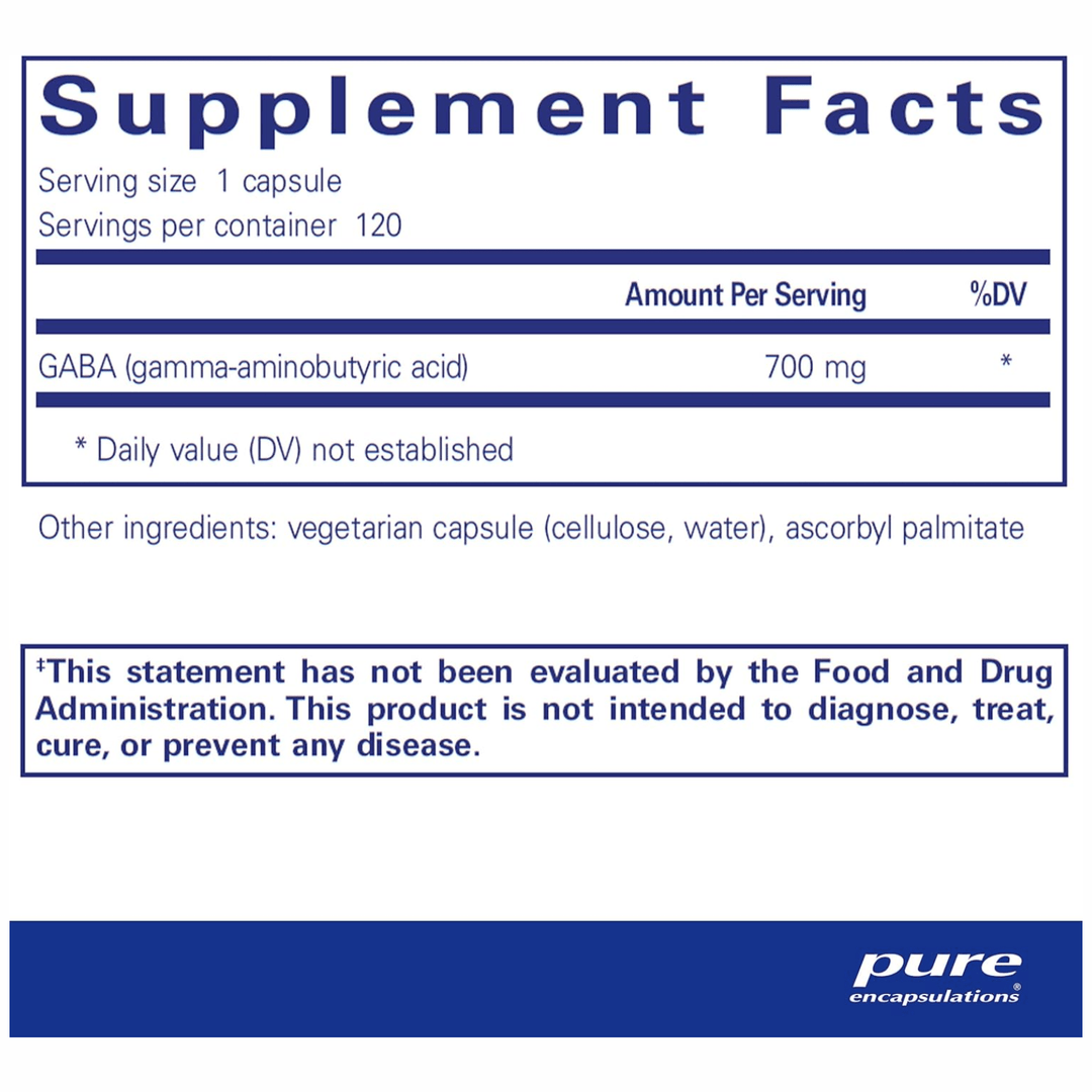 Pure Encapsulations GABA supplement in 120 capsules, supporting calm and relaxation with nutrient-rich ingredients.