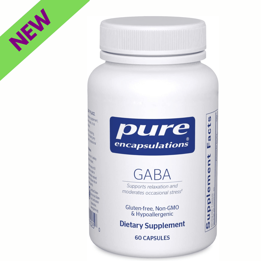 Pure Encapsulations GABA supplement with 60 capsules, designed to support calm, relaxation, and stress relief.