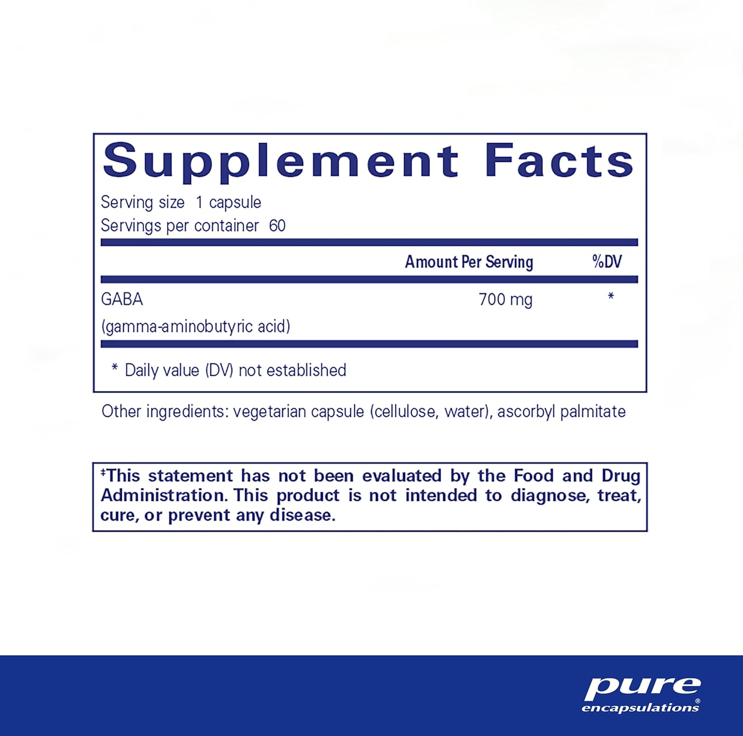 Pure Encapsulations GABA supplement in a bottle of 60 capsules, supports calm and relaxation, nutrient-rich dietary supplement