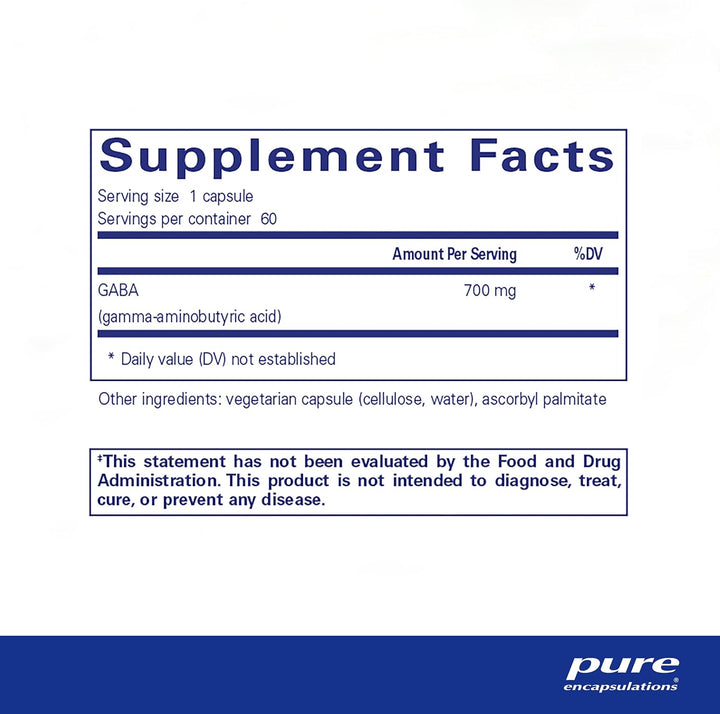 Pure Encapsulations GABA supplement in a bottle of 60 capsules, supports calm and relaxation, nutrient-rich dietary supplement