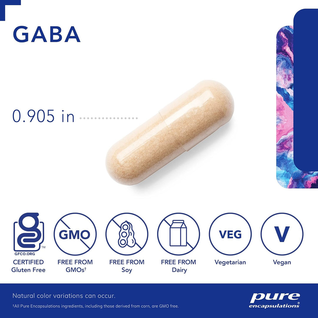 Pure Encapsulations GABA supplement in a bottle of 60 capsules, supports calm and relaxation, nutrient-rich dietary supplement.