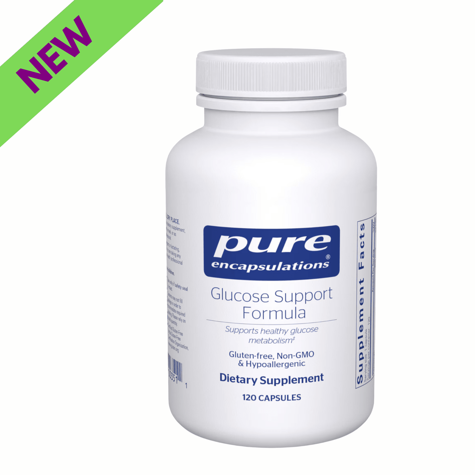 Pure Encapsulations Glucose Support Formula supplement capsules, nutrient-rich dietary supplement in a bottle.